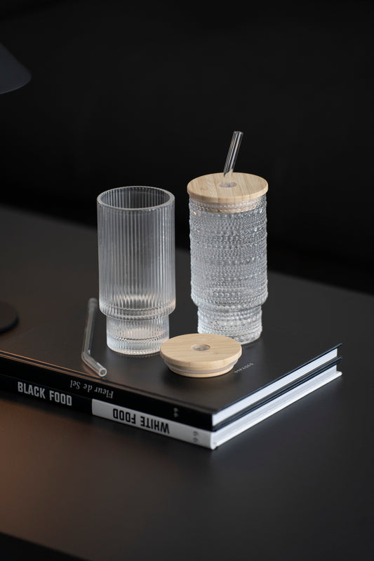 Glas Trinkbecher mit Bambusdeckel & Strohhalm – 2er Set, 250 ml