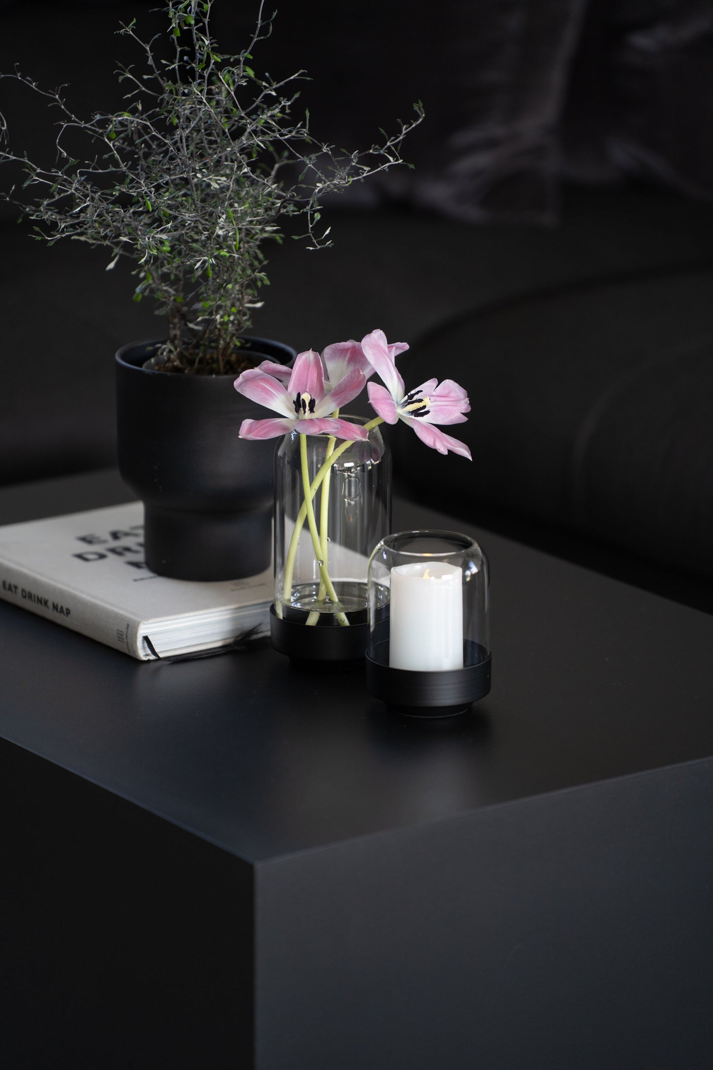 Glasvase Vase Metall Schwart Kerzenhalter Kerzenständer