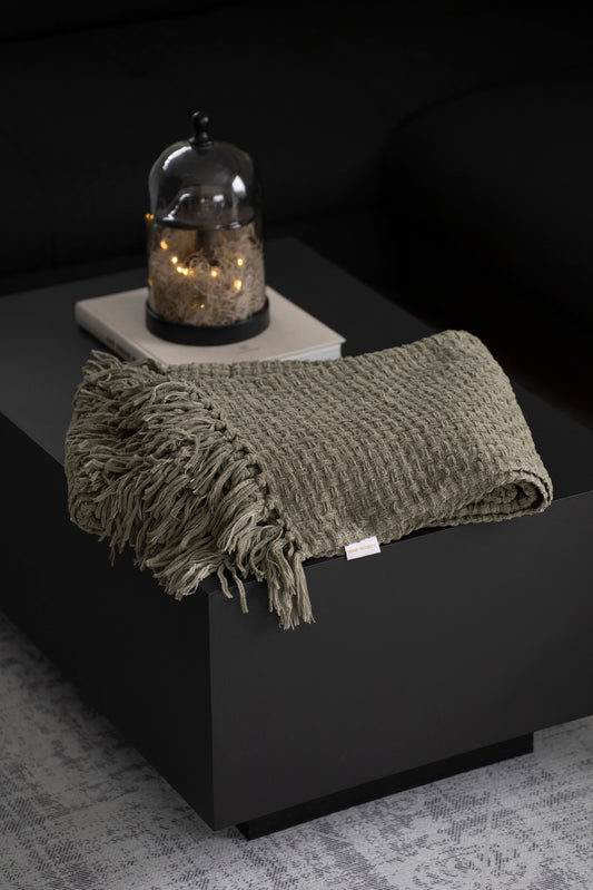 Handgewebte Decke aus Baumwoll-Chenille mit Fransen