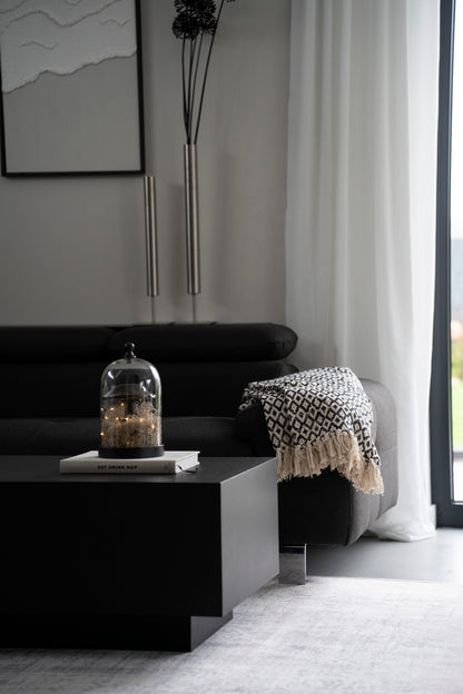 Baumwoll-Plaid mit Rautenmuster und Fransen, Schwarz/Beige