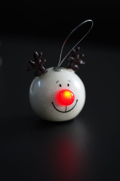 Glitzernde Rentier-Kugelanhänger mit LED-Nase, 2er-Set