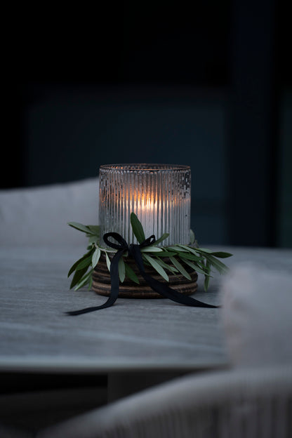 Elegantes Windlicht aus Glas & Mangoholz – 18 cm