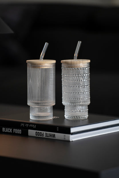 Glas Trinkbecher mit Bambusdeckel & Strohhalm – 2er Set, 250 ml