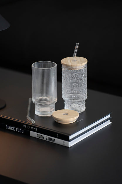 Glas Trinkbecher mit Bambusdeckel & Strohhalm – 2er Set, 250 ml