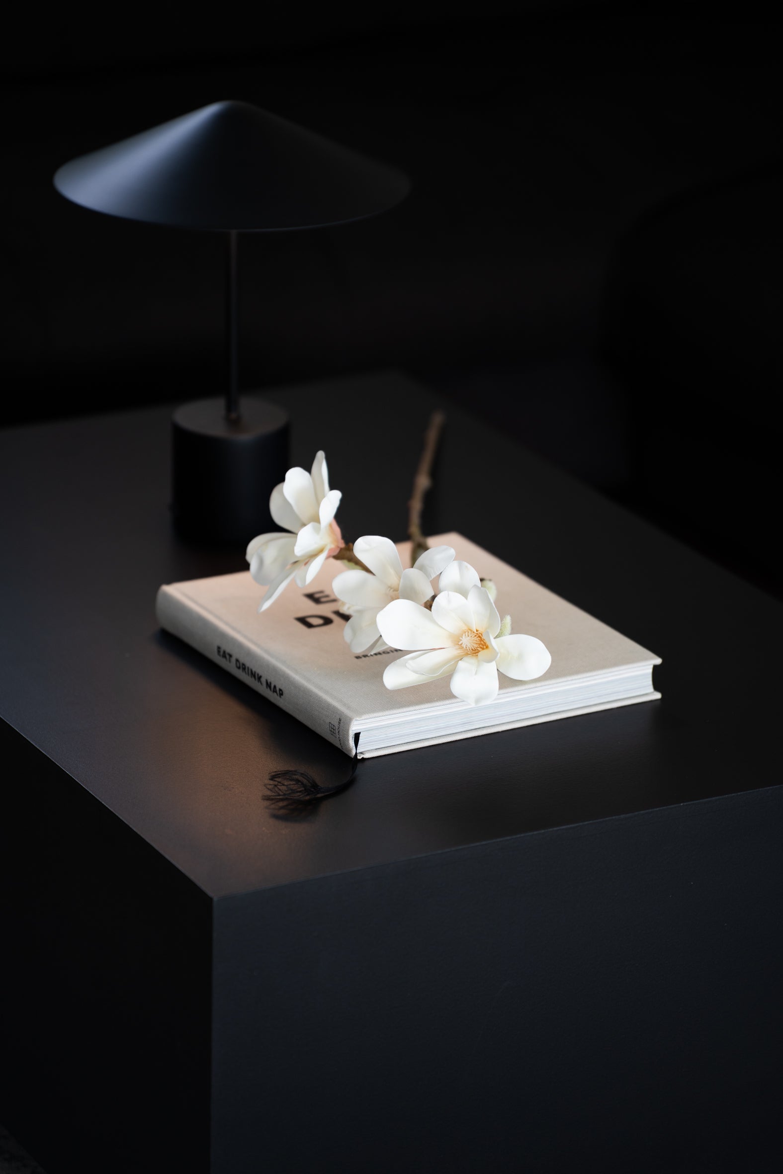 Künstlicher Magnolienzweig mit 3 Blüten - Dekobeispiel auf Buch