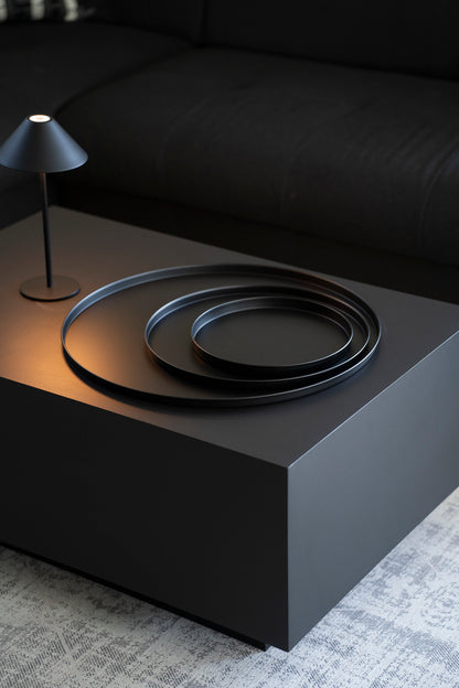 Metalltablett schwarz 25 cm, 35 cm und 50 cm – rundes Deko Tablett modern matt