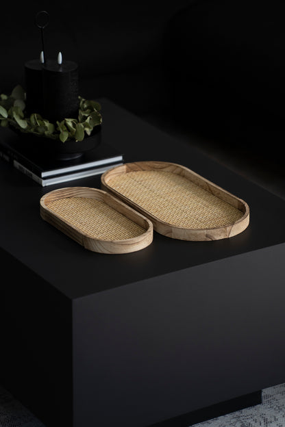 Ovales Tablett-Set aus Holz & Rattan – 2er Set Natur