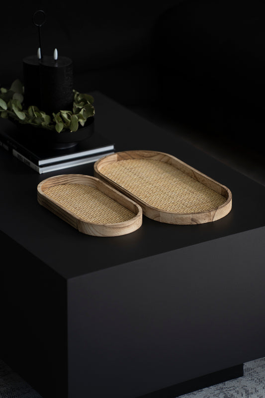 Ovales Tablett-Set aus Holz & Rattan – 2er Set Natur