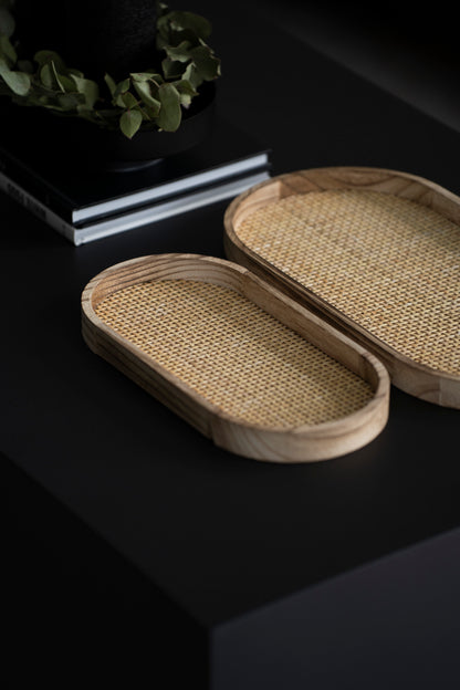 Ovales Tablett-Set aus Holz & Rattan – 2er Set Natur