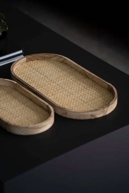 Ovales Tablett-Set aus Holz & Rattan – 2er Set Natur