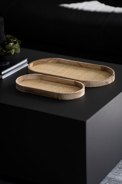 Ovales Tablett-Set aus Holz & Rattan – 2er Set Natur