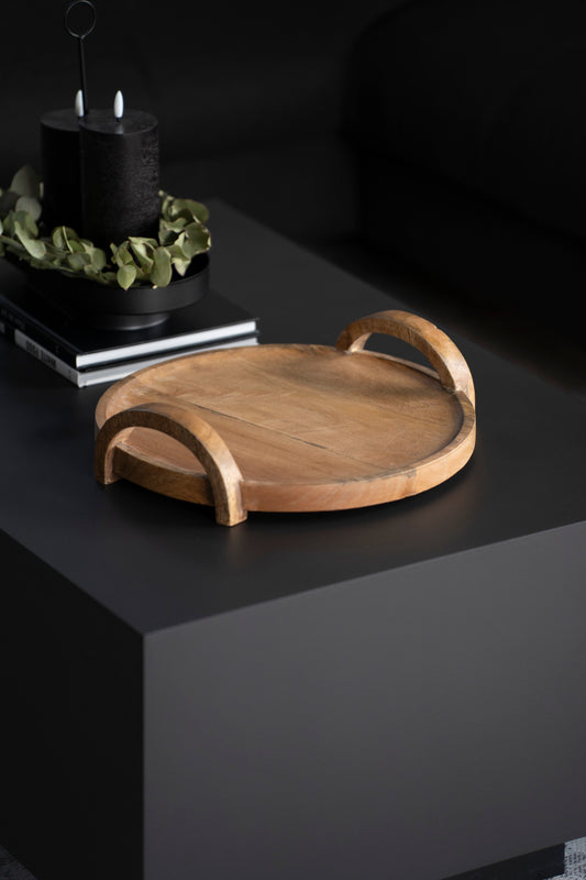 Rundes Serviertablett aus Mangoholz mit Holzgriffen