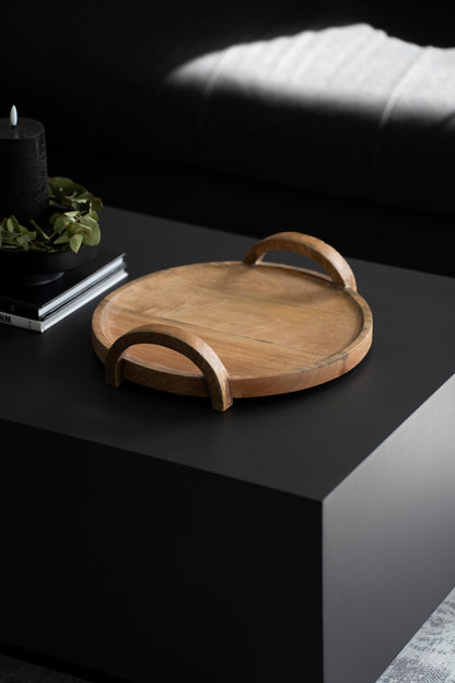 Rundes Serviertablett aus Mangoholz mit Holzgriffen