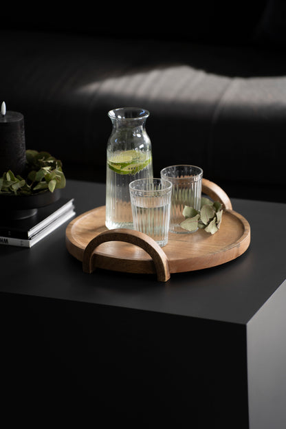 Rundes Serviertablett aus Mangoholz mit Holzgriffen