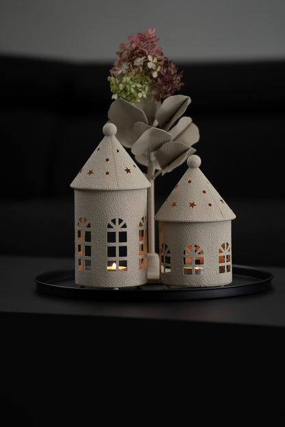Teelichthalter Haus aus Metall, Beige
